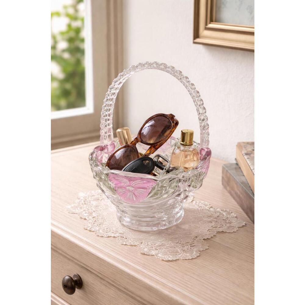 Vintage Handcrafted Anna Hutte Bleikristall Crystal Basket Pink Pressed Flowers